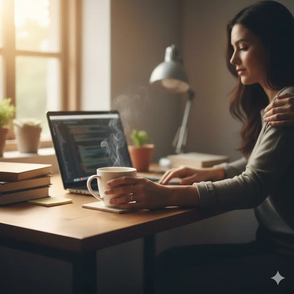 a person's hands gently placing a warm mug of coffee next to their partner's laptop