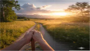 A couple holding a walking stick in a mid way they waking through.