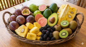 a basket full of 'Passion Fruit, Guava, Avocado, Jackfruit, Blackberries and Kiwi.